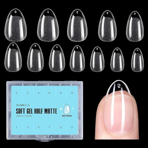 TOMICCA Capsule Americaine Ongle Amande, 360 Pièces Clair Mat Court Faux Ongles, Amande Couverture Complète, Pose Americaine Capsule pour Diy Nail Art Et Les Studios De Manucure, 12 Tailles