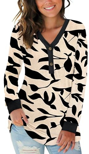 AUSELILY Women's Long Sleeve Tops V-Neck Jumpers Causal Button Down Sweatshirts Loose Henley T Shirt Blouse Apricot Black Leaf L