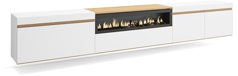 Skraut Home | Meuble TV | Banc Télé | Grand Espace de Rangement | 288x45x35 cm | TV Grand Format | Cheminée électrique | Suspendu, Mural | Style Moderne | Blanc et Chêne Soft