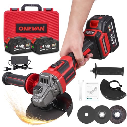 ONEVAN Smerigliatrice Angolare a Batteria 125mm, Flessibile Professionale Brushless 20V con 2 Batterie 4.0Ah, 8000 RPM, Smerigliatrice Elettrica con Copertura di Protezione e Impugnatura Ergonomica