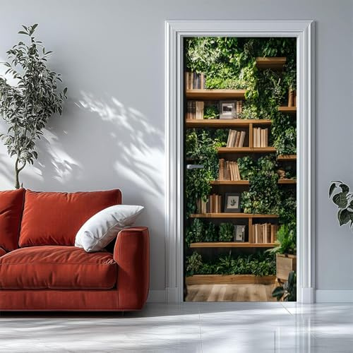 Auto-Adhésif 3D Stickers Porte Mur Végétal Poster de Porte 90x200 cm Étagère en Bois Autocollants de Décoration pour Intérieure Bureau Chambre à Coucher Salon Art Papier Peint