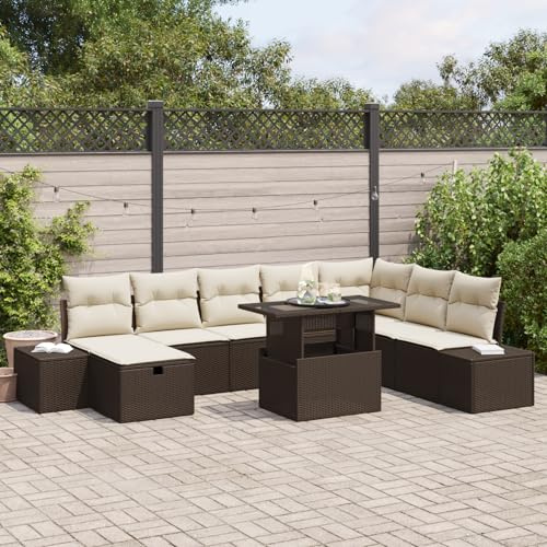 JHQHSM 9-TLG. Garten-Sofagarnitur mit Kissen in Braun aus Poly-Rattan, Eck Sofa Set für 8 Personen, wetterbeständige Outdoor-Möbel mit Stauraum, Bequeme Polsterung und modernem