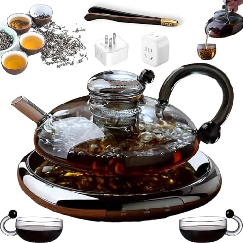 Elektrisches Glas Teekannen Set mit Keramik Teesieb Hitzebeständige Teekanne for die Zubereitung von losem Tee(Electric ceramic stove+Gray+2cups)