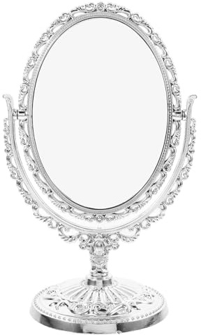 Veemoon Miroir de Maquillage Argenté Support Robuste en ABS et Verre Ovale Double Face Pivotant Vintage Compact et Élégant pour Table de Dressing
