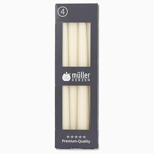 Müller Kerzen - Spitzkerzen Elfenbein - 4er Set Tafelkerzen - 7 Stunden Brenndauer - 22 × 245 mm - Tropfarm, Raucharm, Duftfrei - Leuchterkerzen für Kerzenhalter & Tischdekoration - RAL-zertifiziert