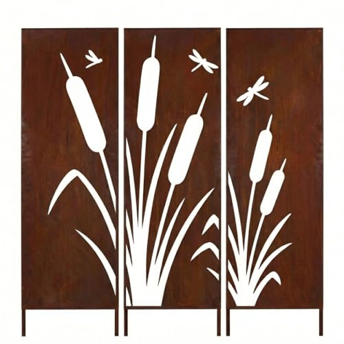 Kapaga - SET Sichtschutz Metall 3x mit Schilf und Libellen - 160x50 cm | Edelrost - Rostoptik für Garten und Terrasse - Corten, Sichtschutzelement - Sichtschutzwand - Gartendekoration Zaun - Rost