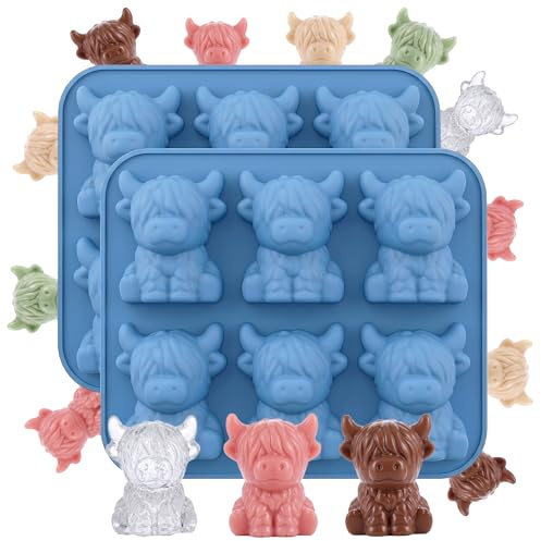 Highland Cow Ice Cube Trays 2 Pack, Thickened Blue Silicone Ice Moulds | Thickened food-safe silicone mould for chocolate, jelly and baking; easy to clean and reusable