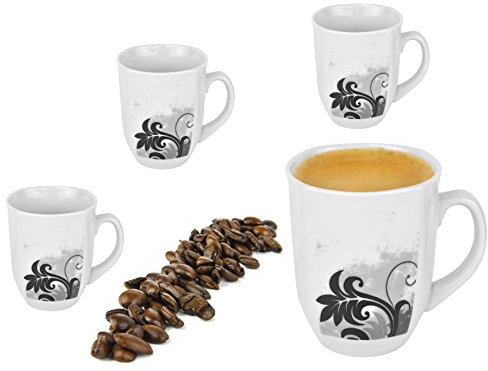 Van Well 4er Set Kaffee-Becher 330 ml I Marken-Porzellan-Tassen in Weiß I Kaffee-Tassen-Set für 4 Personen I Kaffee-Tasse mit Henkel mikrowellengeeignet I Kaffee-Service in Black Flower-Dekor