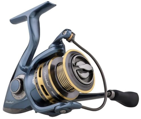 Pflueger President Spinnrolle, Größe 40, Angelrolle, Rechts-/Links-Griffposition, Graphitkörper und Rotor, korrosionsbeständig, Aluminiumspule, Frontbremssystem, Blau