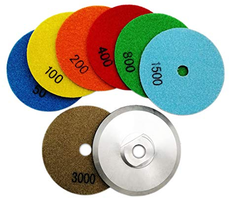 SHDIATOOL Dry Diamond Polishing Pads 7PCS Set Mixed Grits and a M14 Aluminum Pad Attachment for Granite Marble Stone Ceramic Dia 4 Inch 100mm