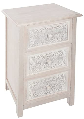 Atmosphera - Commode Hina en Bois - Blanche - 48 x 34 x 80 cm, 3 Tiroirs, Motifs Gravés - Meuble de Rangement pour Chambre, Entrée, Salon