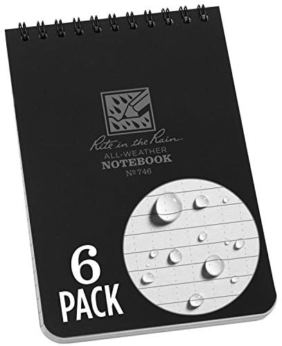 Rite in the Rain Weatherproof Top Spiral Notebook, 4 x 6, Black Cover, Universal Pattern, 6 Pack (No. 746L6)