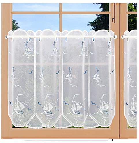 Maritime Scheibengardine Segelboot Badgardine zart Bestickt Echte Plauener Spitze 45 x 96 cm