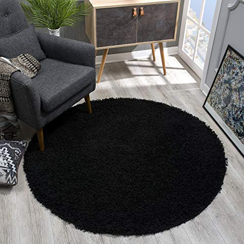 SANAT Teppich Rund - Schwarz Hochflor, Langflor Modern Teppiche fürs Wohnzimmer, Schlafzimmer, Esszimmer oder Kinderzimmer, Größe: 80x80 cm
