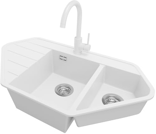 PRIMAGRAN Granitspüle ab 70er Unterschrank + Küchenarmatur, 90x50cm | Set: Küchenarmatur BW5010 + Ablauf-Set (Siphon, Ablaufgarnitur, Überlauf) + Spülbecken 1,5 Becken - Kopenhagen, Weiß