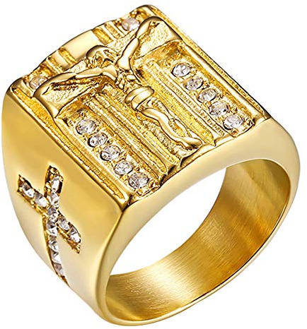 JewelryWe Großer Ring für Herren mit Kreuz Christian Jesus Cross Ring Farbe Gold gold