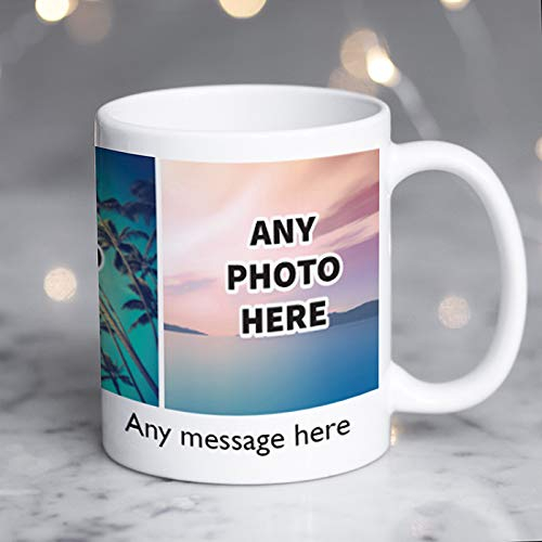 Thoughtful Gifts Personalised 3-Photo Mug with Custom Text – 11oz Ceramic Coffee Cup – Dishwasher Safe – Gift for Birthdays, Christmas, Anniversaries, and More