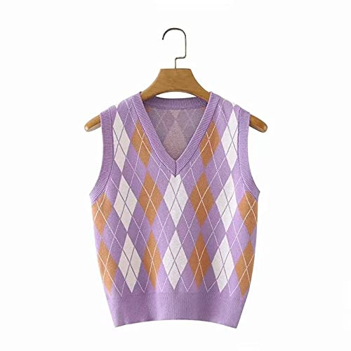 LUOY Pullunder Damen,Frauen Kurze Strickwesten Pullover Fashion Streetwear Lila Argyle Plaid V-Ausschnitt Klassische Schule Slim Fit Ärmellose Tankwesten Uniform Strickpullover Cosplay Kostüm
