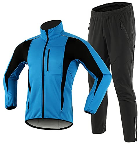 TDHLW Thermo Fahrradbekleidung Langarm Set Herren Winter Outdoor Windjacke Thermo Fleece Fahrradjacke Wasserdicht Atmungsaktiv Winddicht Regenjacke Fahrrad Mantel Hosen,Blau,M