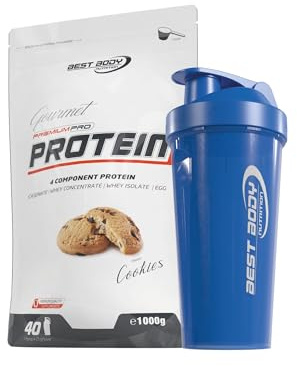 1kg Best Body Nutrition Gourmet 4 Komponenten Protein Eiweißshake - Set inkl. Protein Shaker/Gratiszugabe (Cookies, Best Body Shaker - Blau)