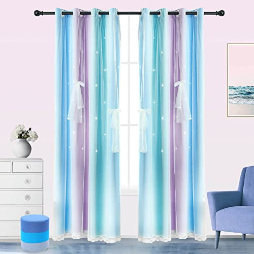 TOPCHANCES 2 Paneele Verdunkelungsvorhänge mit Sternen für Mädchen, Schlafzimmer, Kinder-Vorhang mit Vorhang mit Schleife, Seilösen für Zuhause, Wohnzimmer, Dekoration (W52 x L63, blau-lila)