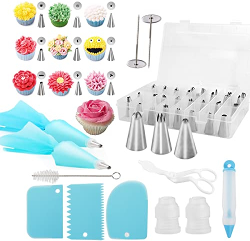 Ddfly Cake Decorating Kit, 42Pcs Russian Piping Tips Set - 30 different patters Nozzles Bags Flower Nail Scrapers, Lifter, Coupler, Icing Pen, Brush, Reusable, with Transparent Box, Blue