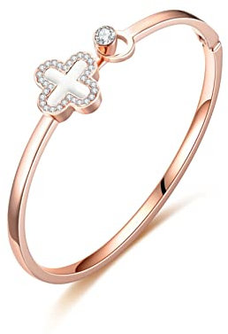 Gilieyer Glücklich Vierblättriges Kleeblatt Armband, Emailliertes Glücksklee Mode Einfache Armbänder Kubikzirkon Roségold Blatt Armreif Kleeblatt Armband für Frauen Schmuck (Weiß-Roségold)