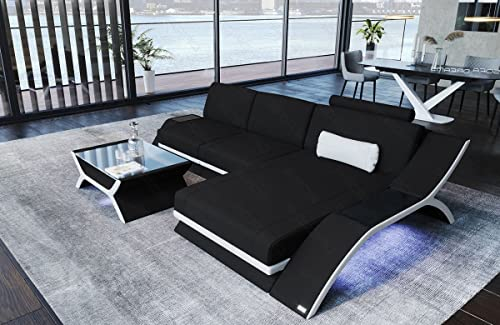 Sofa Calabria Ecksofa - mit LED Beleuchtung, verstellbare Kopfstützen, Recamiere/Mikrofaser/Ausrichtung wählbar (Ottomane rechts, Weiss-Schwarz)