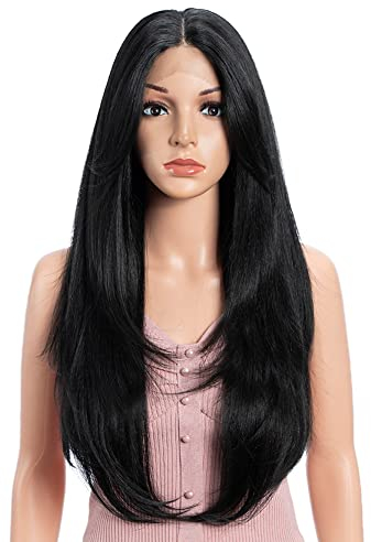 Joedir Long Layered Wig With Curtain Bangs Deep Part Lace Front Wigs for Women 26 Inch Middle Part Black Wig Heat Resistant Synthetic Wigs for Daily Party Use