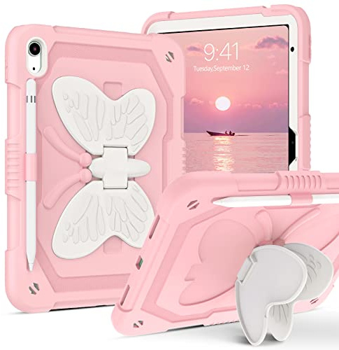 DUEDUE Kids Case for iPad (A16) 11th/10th Generation(2022/2025), Heavy Duty Shockproof Protective Kids Cover with Butterfly Wings Kickstand, Full Body Rugged Protection for iPad 10.9/11(Pink)