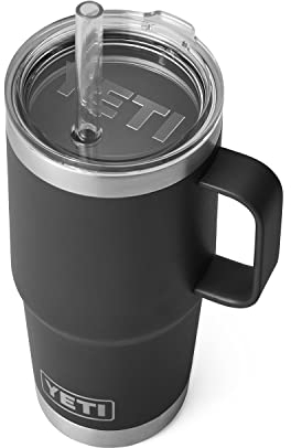 YETI Rambler Trinkbecher mit Henkel und Strohhalm-Deckel, Reisebecher, Wasserbecher, vakuumisolierter Becher mit Griff, Edelstahl, 750 ml, Schwarz