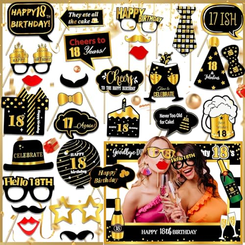 SoundZero 38 Pezzi Accessori Photo Booth Compleanno 18, Accessori Foto Divertenti, Photo Booth Compleanno, gadget foto props accessori kit, Cornice in Oro Nero, Occhiali, Regali, Champagne
