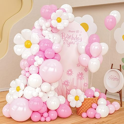 Pink White Balloon Arch Kit,150Pcs Pastel Pink White Balloon Garland Kit with Daisy Balloons for Girls Birthday Party Decoration Baby Shower Wedding Anniversary Picnic Garden Decoration