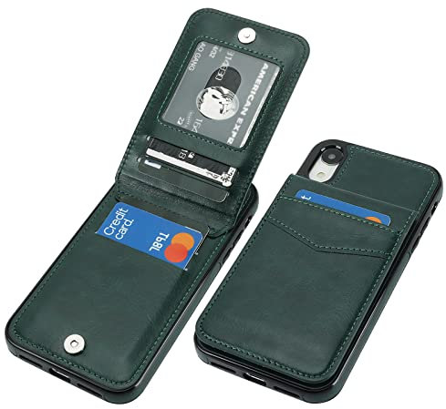 KIHUWEY Compatible with iPhone XR Case Wallet with Credit Card Holder, Premium Leather Magnetic Clasp Kickstand Heavy Duty Protective Cover for iPhone XR 6.1 Inch(Dark Green)