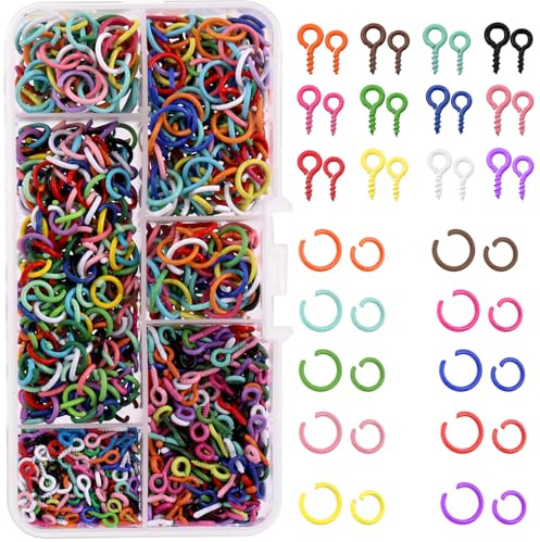 Tanstic 1200Pcs Colorful Mini Screw Eye Pins with Open Jump Rings Assortment Kit, 4x8mm/5x10mm Small Metal Eye Pins Hooks Eyelet Threaded, 8mm/10mm Jump Rings for Jewelry Making