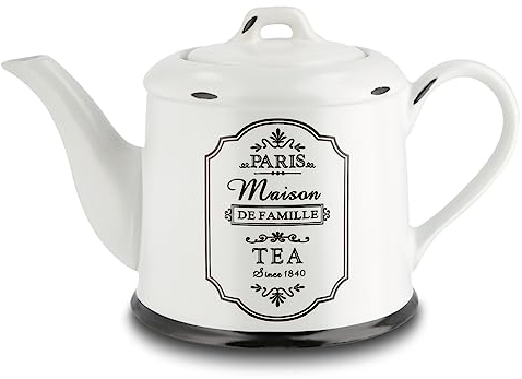 for friends Teekanne für ca. 1 Liter Tee, Paris Line in Schwarz & Weiß mit Aufdruck TEA, Teekessel Vintage im Shabby Chic Look, aus Keramik Steingut, präziser Ausgießer