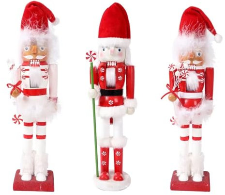 SHATCHI 38cm Red/White Santa Candy Cane Wooden Christmas Nutcrackers - 3pcs Set - Soldiers King Puppet Figurines Home Decoration Ornament