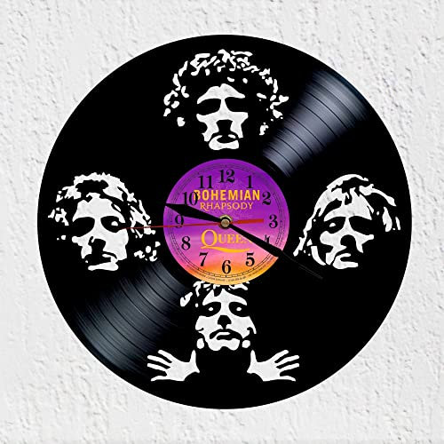 VINY WOODY Wanduhr mit Vinyl-Scheibe, Silhouetten von Freddie, Brian, Roger und John Musica Rock