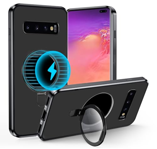 MeiyueEr Metall Magnetische Handyhülle für Samsung Galaxy S10 Plus/S10+ Hülle mit Ständer, [Kompatibel mit MagSafe],Anti-Fingerabdruck/Vergilbungsbeständig, [Matt & Durchscheinend] Schutzhülle,Schwarz