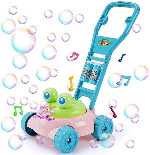 LKFDTW Frog Bubble Lawn Mower Age 3+ for Kids Toddlers, Automatic Garden Lawnmower Bubble Machine with Music, Outdoor Summer Gardening Push Toys Soapy Solution Included for Preschool Baby Boys Girls