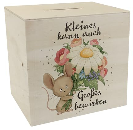Maus Spardose aus Holz mit Spruch Kleines kann auch Großes bewirken Blumen-Motiv Ideal für Taschengeld Wertschätzendes Sparen