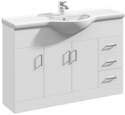 Balterley Vanity Unit with Basin Floor Standing, 3 Door 3 Drawer Soft Close with Curve Sink & Handle, Bathroom Vanity Units with Basin, Bathroom Sink Storage Cabinet - 1200 x 480 x 836mm (White)