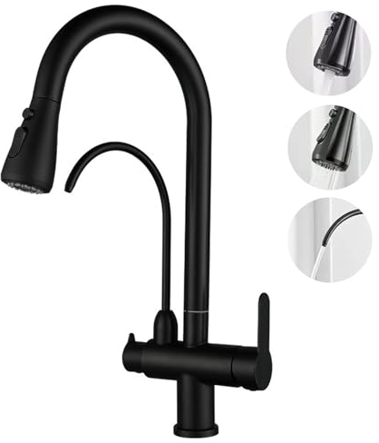 Grifo Cocina Osmosis Extraible, Grifo De Cocina Ósmosis Con 3 Vías, para Fregadero Extraible 360° Giratorio, Agua Fría y Caliente disponibles (Black)