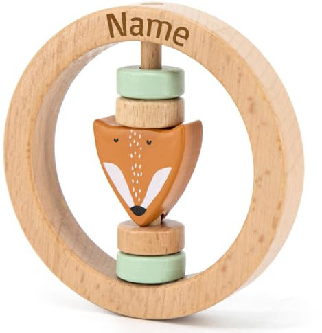 Trixie Rassel Baby aus Holz PERSONALISIERT mit Name graviert Greifring für Baby Geschenk zur Geburt Fuchs