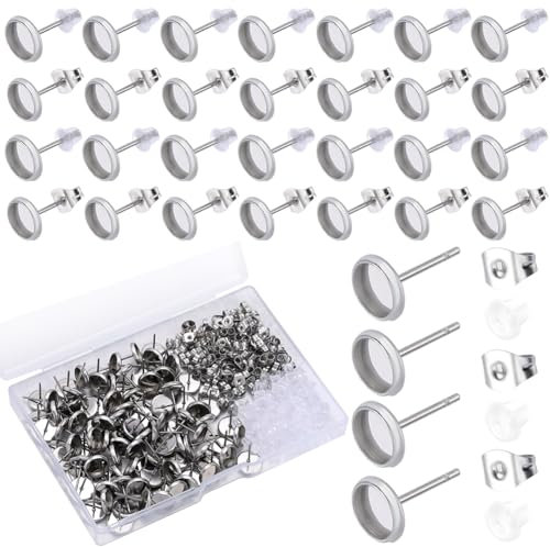 SOFPLATE 1 Box 100 Stück 8mm Cabochon Ohrstecker Lünetten Ohrstecker Hypoallergener Ohrstecker Aus Edelstahl Mit Ohrmutter Flache Runde Rohlinge Ohrstecker Für Die Schmuckherstellung Zubehör Zum Selb