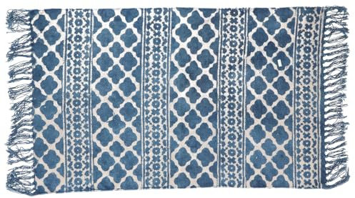 Handgewebter Blockdruck Teppich, indischer Baumwollteppich, indigo #1 | 100% Baumwolle, handgewebt, einzigartige Blockdrucktechnik, ideal für jeden Einrichtungsstil, Maße 160x95 cm