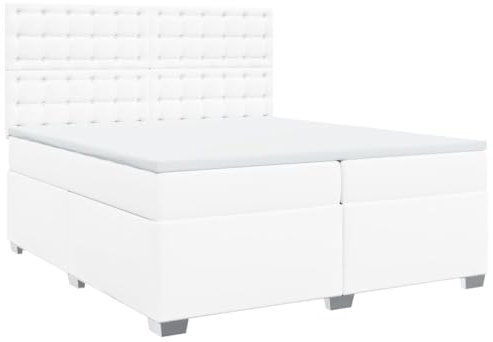 vidaXL Boxspringbett, Bett mit Matratze Kopfteil LED, Polsterbett Doppelbett für Schlafzimmer, Bettgestell mit Lattenrost, Weiß 200x200cm Kunstleder