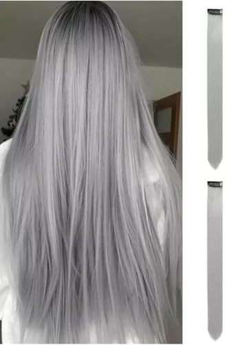 2 x Clip-In Hair Extension Highlights Streaks, Colourful Hair Highlights (Light Grey)