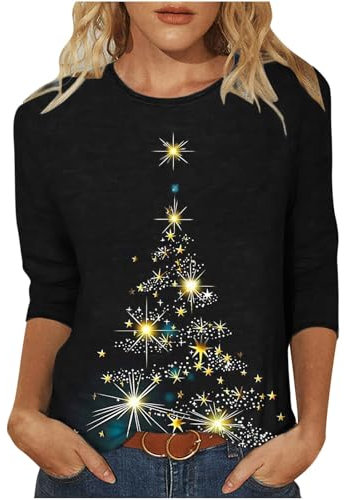 Christmas T Shirts for Women Light Up Christmas Tree Printed Tops Sparkly Wine Glass Xmas Shirts Crewneck Blouse Casual Pullover 3/4 Sleeve Tunic Tees for Work Officce Size 8-22