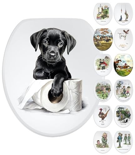 Befestigung oben und unten, lustiger Toilettensitz mit Absenkautomatik, Welpenrolle (schwarzer Labrador-Welpe), Heim und Badezimmer, Landhaus- und Bauernhaus-Dekoration, Geschenk für Mama und Papa